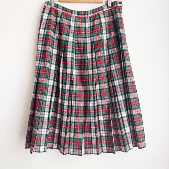 Vintage Pendleton Blue Green Plaid Midi Pleated Wool Skirt - Picture 2 of 5